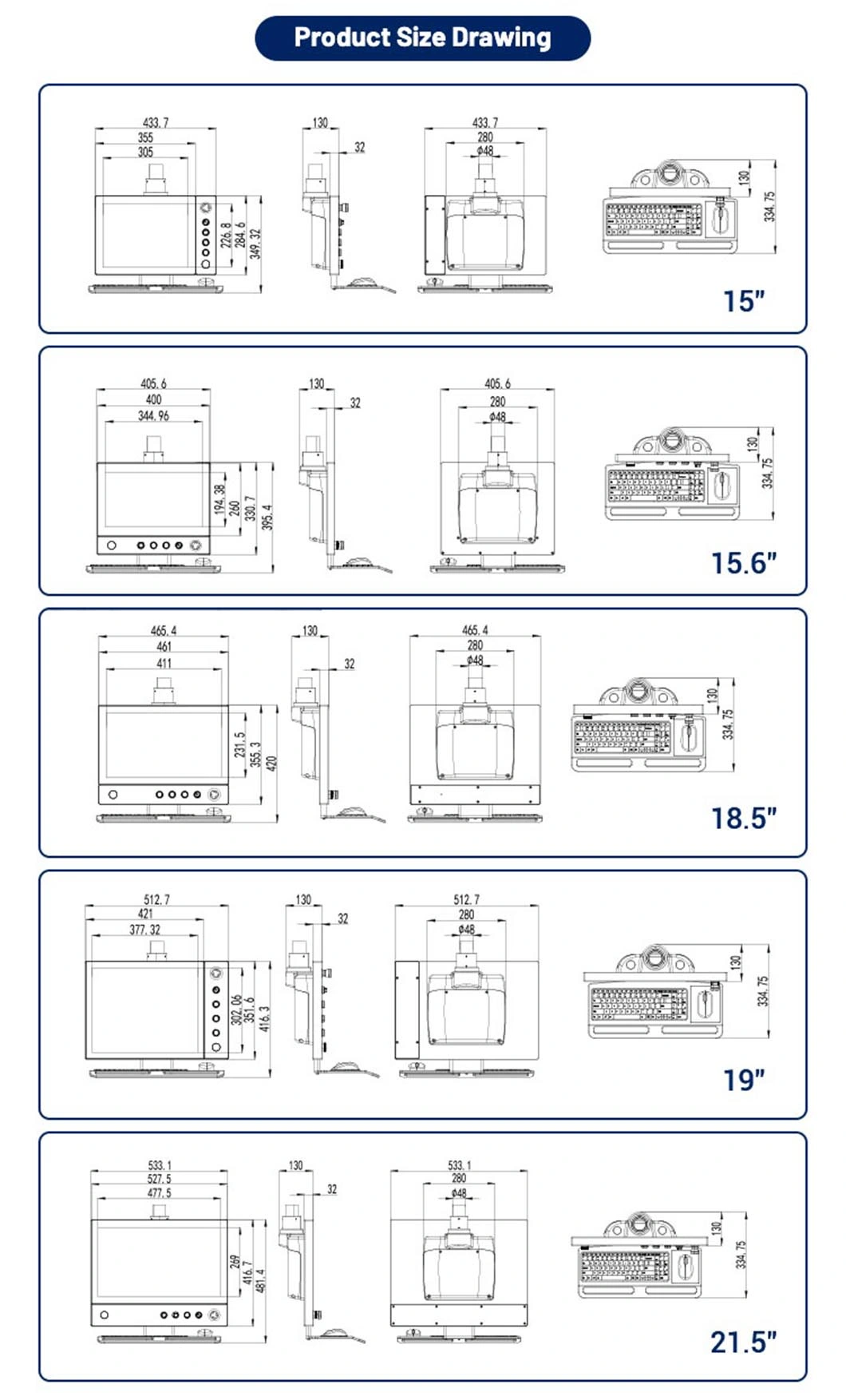 19 Inch Industrial Operation Panel HMI Cantilever Enclosure Supported Arm System Capacitive Touch Screen LCD Display IP65 Waterproof Dustproof Beckhoff Monitor