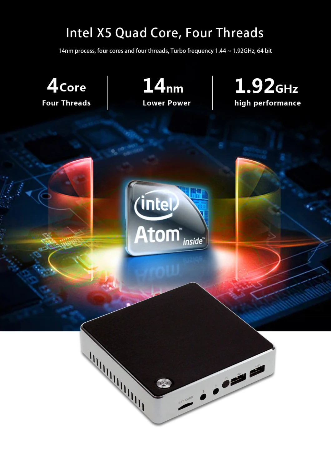 Intel Cherry Trail X5-Z8350 Processor, 1.44-1.92GHz, Qual Core, 4 Thread Processor 2GB DDR3l, SSD, Windows 10, Mini PC,